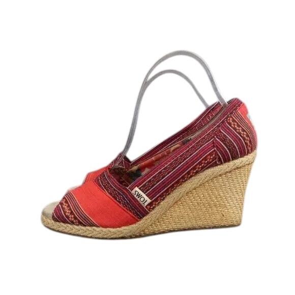 Toms Shoes Womens 8 Wedge Sandal Casuall Fashion Calypso Espadrille Red Peep Toe - Picture 2 of 13